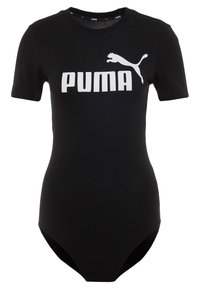 Czarny body z krótkim rękawem z białym logo Puma i napisem na środku klatki piersiowej, z okrągłym dekoltem.