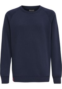 Felpa blu navy realizzata in tessuto morbido, con collo a girocollo, maniche lunghe a raglan e polsini e orlo a costine per una vestibilità aderente.