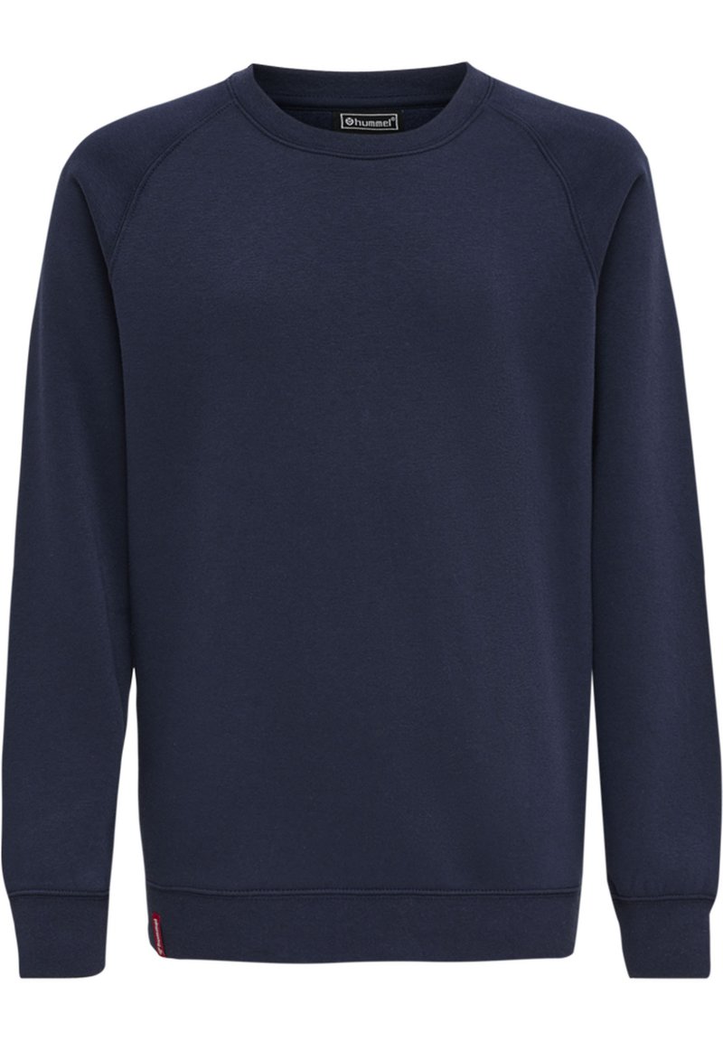 Felpa blu navy realizzata in tessuto morbido, con collo a girocollo, maniche lunghe a raglan e polsini e orlo a costine per una vestibilità aderente.
