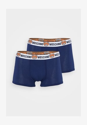 Tengerészkék pamut boxeralsó, logós derékpánttal, amelyen mese-medve minták és a "Moschino" név található kontrasztos színekben.