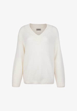 Hvid strikket sweater med V-udskæring, lange ærmer samt ribstrik ved håndled og kant. Har en blød tekstur og en løs pasform.