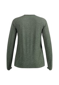 Langärmliges grünes Oberteil mit strukturiertem Muster, runder Ausschnitt und leicht verlängerter Saum hinten. Hergestellt aus einem glatten, dehnbaren Material.