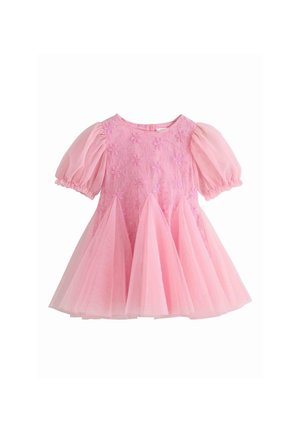 Lyserød kjole til småbørn med puffede korte ærmer, blomsterbroderi på bodice og lagdelt tylskørt.