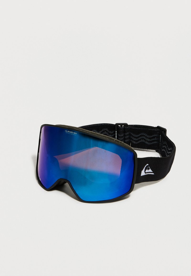 Lunettes de snowboard à sangle noire avec une lentille incurvée réfléchissante bleue et un logo blanc sur le côté.