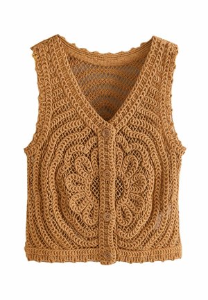 Häkelweste in Hellbraun mit V-Ausschnitt, komplizierten Wirbelmustern, fünf braunen Knöpfen und einem strukturierten offenen Strickdesign.
