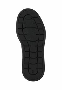 Black rubber shoe sole with textured grip pattern, featuring grooves and ridges for traction. Rounded edges, no visible branding.