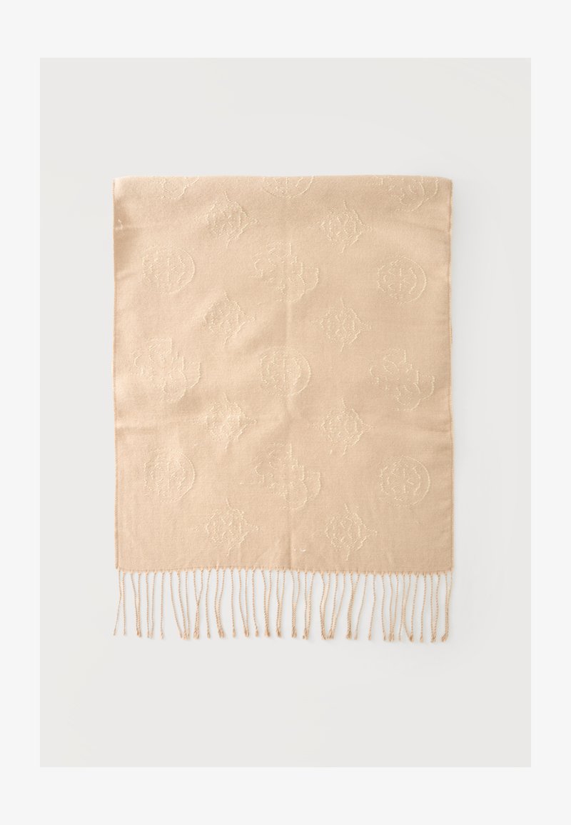 Écharpe rectangulaire beige avec des motifs embossés subtils et une frange torsadée le long d'un bord, exposée à plat sur une surface blanche.