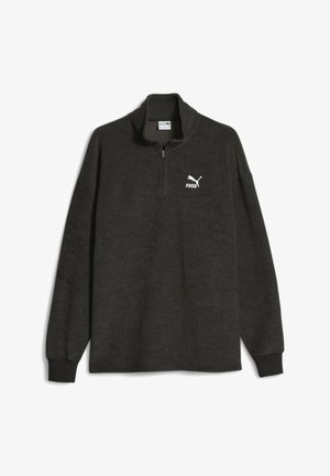 Tmavě šedý pulovr s dlouhými rukávy a čtvrtinovým zipem. Vyrobeno z měkkého fleecového materiálu. Na levé straně hrudi se nachází bílé logo Puma a manžety jsou žebrované.