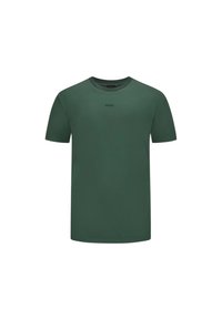 T-shirt in cotone verde con collo rotondo classico, maniche corte e un sottile logo "BOSS" stampato sul petto dello stesso colore.
