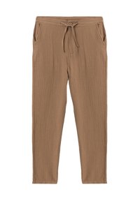 Lichte, bruine broek van een textuur- en kreukelstof. Voorzien van een elastische tailleband met een trekkoord en zijzakken aan beide zijden.