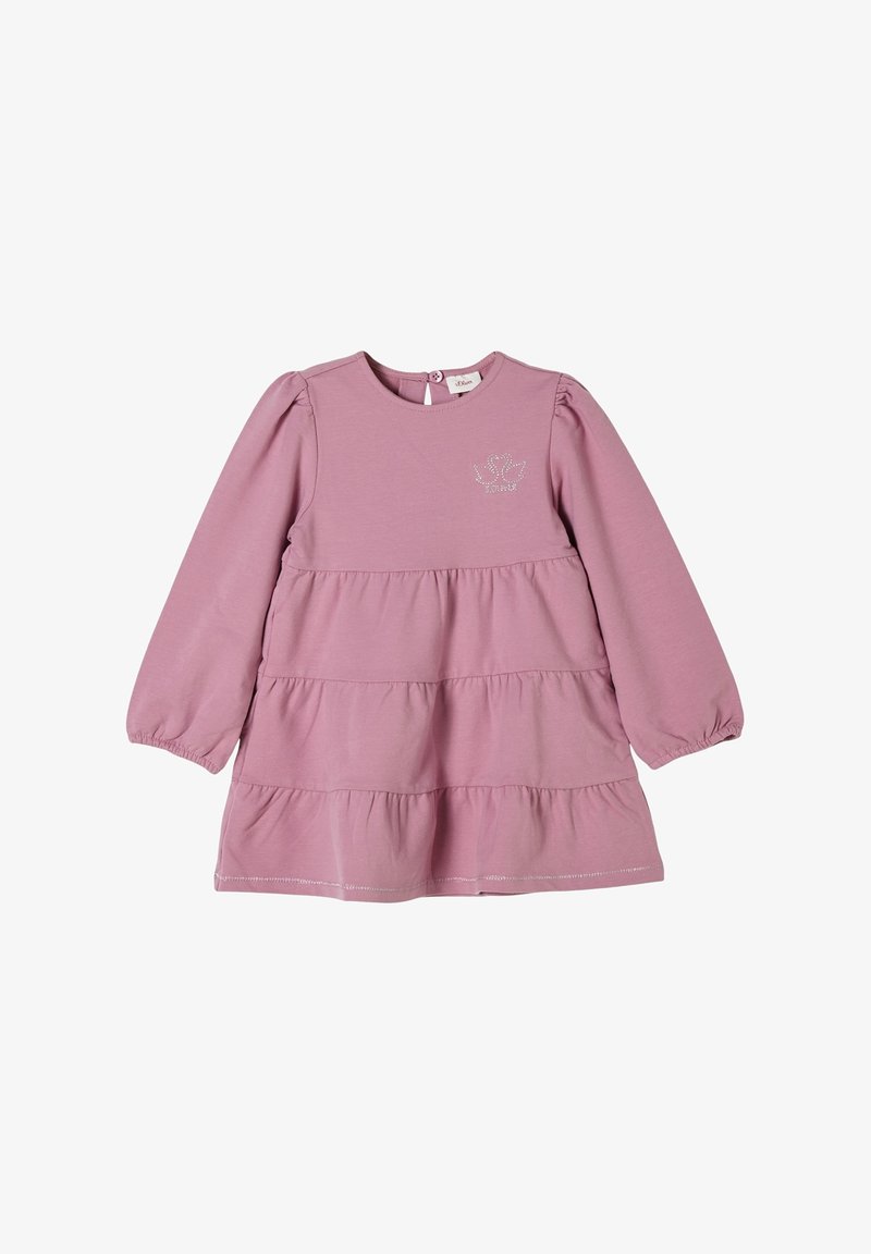 Robe mauve à manches longues pour tout-petit avec jupe à volants et petit motif feuille argentée sur la poitrine, fermeture par bouton à l'encolure dos.