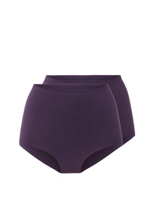 Deux culottes pour femmes sans couture, de couleur violet foncé, taille haute, empilées côte à côte sur fond blanc.
