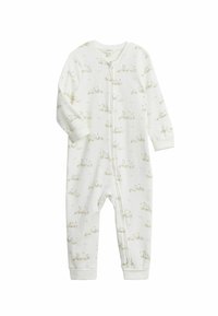 Body pour bébé blanc en tissu doux, présentant un motif floral aux couleurs atténuées et une fermeture éclair sur le devant. Manches longues avec poignets resserrés.