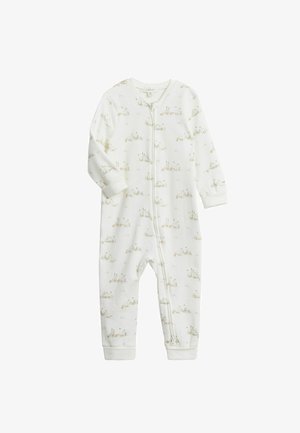 Witte baby romper van zacht materiaal, met een bloemenpatroon in gedempte kleuren en een ritssluiting aan de voorkant. Lange mouwen met omgeslagen boorden.