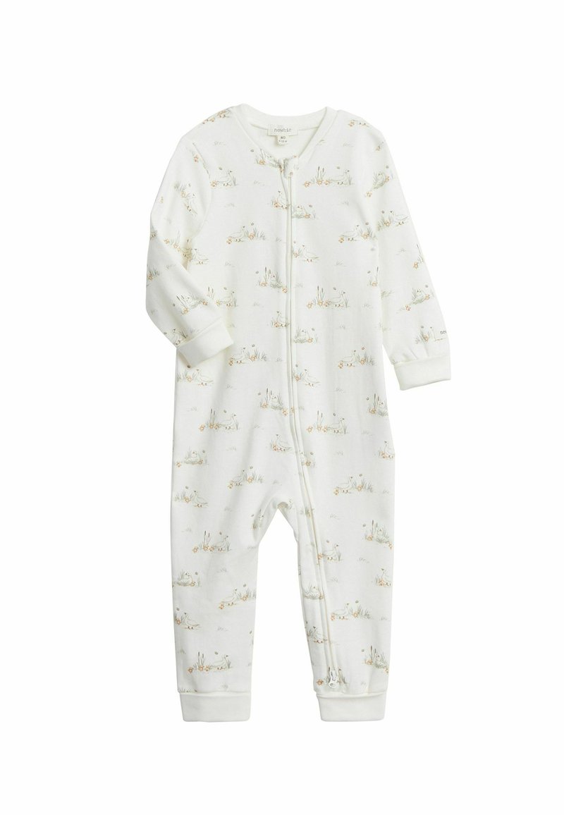 Body pour bébé blanc en tissu doux, présentant un motif floral aux couleurs atténuées et une fermeture éclair sur le devant. Manches longues avec poignets resserrés.