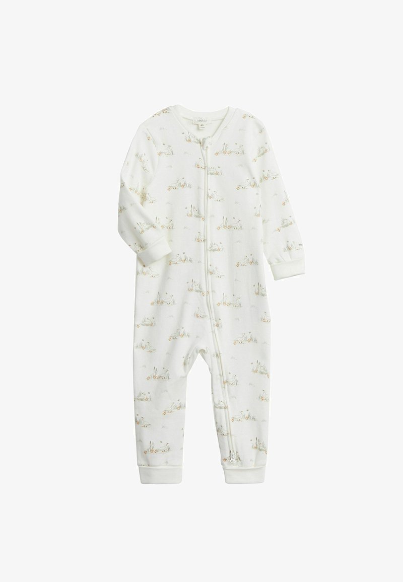 Weißer Baby-Body aus weichem Stoff, mit einem floralen Muster in gedämpften Farben und einem Reißverschluss auf der Vorderseite. Lange Ärmel mit Bündchen.