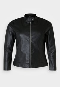 Black leather jacket with a stand-up collar, zip front closure, two side pockets, and a smooth texture. Tailored fit with long sleeves.
