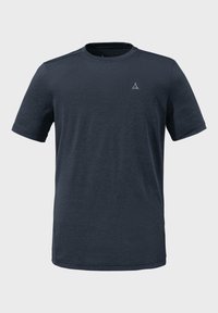 Herren T-Shirt mit kurzen Ärmeln in dunkelmarineblau, aus leichtem Stoff, mit einem runden Ausschnitt und einem kleinen Logo auf der linken Brust.