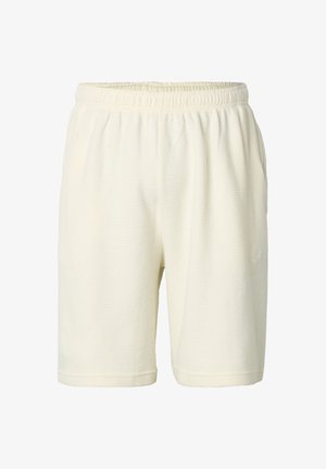 Krémově zbarvené kraťasy z texturované látky s elastickým pasem, délky ke kolenům a jemným logem na boku.