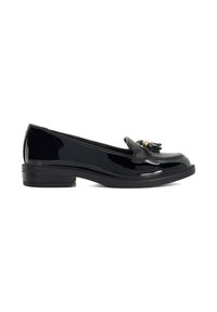 Black patent leather loafer with a rounded toe, tassel detail, and a small heel. Smooth texture with a glossy finish.