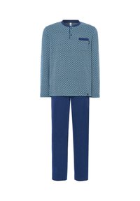 Top de manga larga azul con estampado, cuello tipo henley y bolsillo, combinado con pantalones lisos azules. La tela parece suave y lisa.