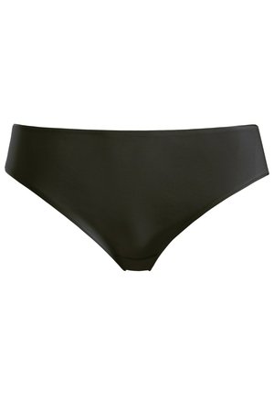 Zwarte bikini onderkant gemaakt van textuurstof. Heeft een hoge tailleband en een klassieke vorm. Geschikt voor zwemkleding of vrijetijdgebruik.