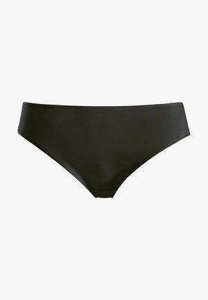 Bas de bikini noir en tissu texturé. Il présente une taille haute et une coupe classique. Adapté pour les maillots de bain ou les activités de loisirs.