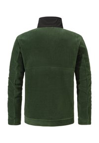 Dunkelgrüne Fleecejacke mit langen Ärmeln und einem kontrastierenden schwarzen Stehkragen, von hinten auf einem weißen Hintergrund gezeigt.