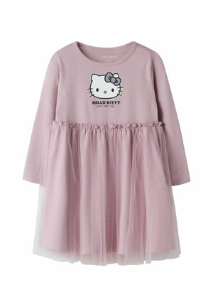 Robe pour tout-petits à manches longues violet clair avec un visage Hello Kitty et un nœud imprimés sur la poitrine et une superposition de jupe en tulle à plusieurs couches.
