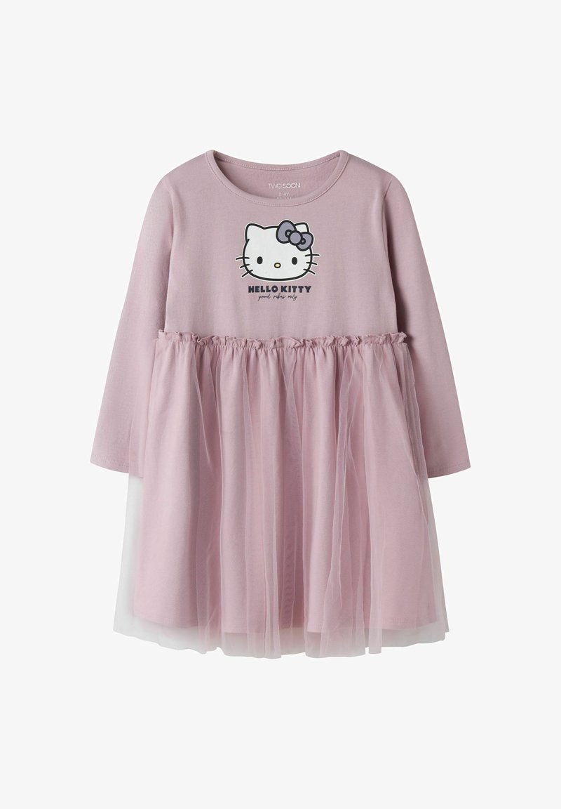 Robe pour tout-petits à manches longues violet clair avec un visage Hello Kitty et un nœud imprimés sur la poitrine et une superposition de jupe en tulle à plusieurs couches.