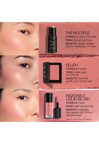 Trois visages en gros plan montrant différents styles de blush à côté des produits de blush crème-poudre, poudre et liquide de NARS avec descriptions.
