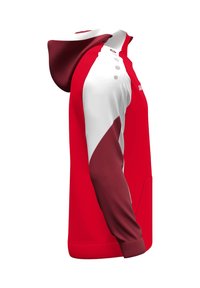 Hoodie rosso e bianco con zip frontale, maniche lunghe e tasca a marsupio. Il tessuto appare liscio con un design delle maniche a contrasto.