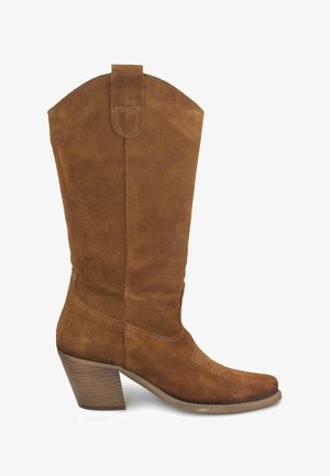 Stivale da cowboy in camoscio marrone fino a metà polpaccio con tacco a blocchetto impilato, punta appuntita, cuciture decorative sulla tomaia e linguetta di tiraggio in cima al gambale.