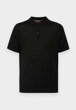Black short-sleeve polo shirt made of smooth fabric, featuring a classic collar, three-button placket, and a fitted silhouette.