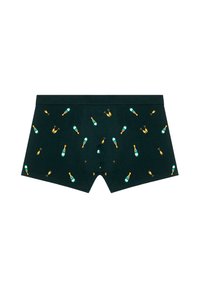 Boxershorts aus dunkelgrünem Stoff mit einem wiederholten Muster von Champagnerflaschen und Gläsern in Gelb- und Tealtönen.