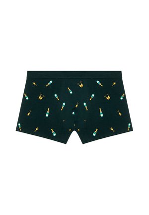 Boxers en tissu vert foncé présentant un motif répété de bouteilles de champagne et de verres dans des couleurs jaunes et teal.