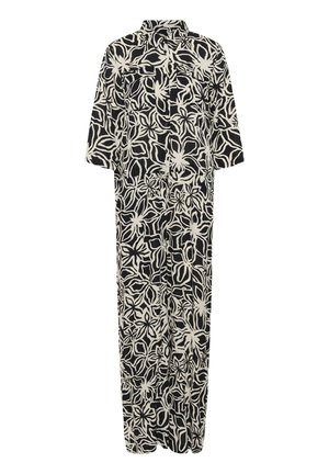 Musta ja kermavärinen kukkakuosiset haalarit, lyhyet hihat, nappikiinnitys edessä, rento malli, kevyttä kangasta, suora siluetti ja taskut.