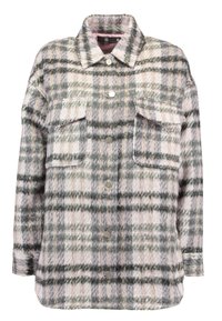 Plaid button-up shirt in soft, fuzzy material. Features green, gray, and pink checks, two chest pockets, and a pointed collar. Silver hardware buttons.
