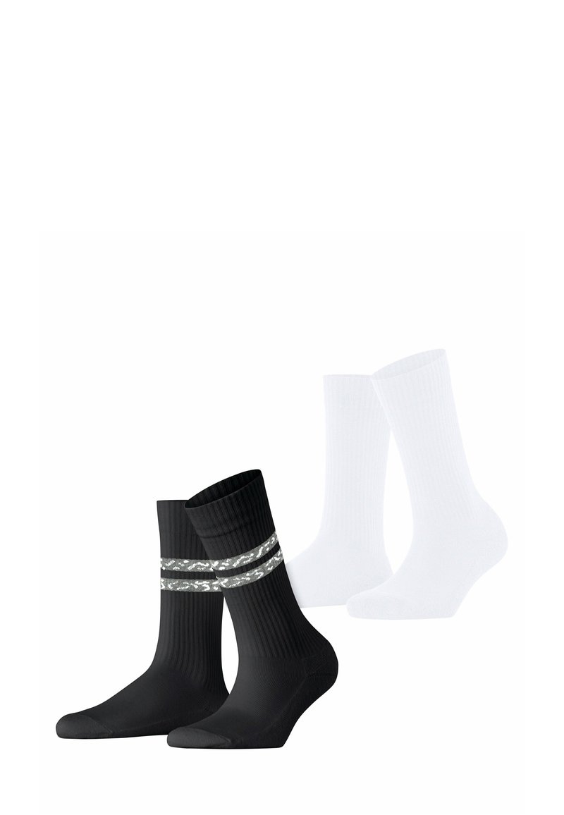 Deux paires de chaussettes : une noire avec des côtes et des rayures réfléchissantes, et une blanche avec une texture lisse. Les deux sont de longueur mi-mollet.