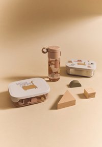 Transparent water bottle with a pink cap, two food containers with animal designs, and wooden geometric shapes on a beige background.