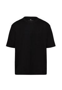 T-shirt nera in cotone con maniche corte, collo rotondo e un design semplice. Texture morbida e fit classico, senza pattern o embellishments visibili.