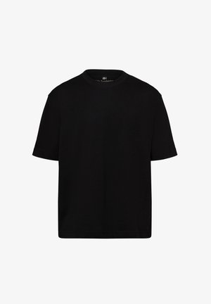 Schwarzes Baumwoll-T-Shirt mit kurzen Ärmeln, Rundhalsausschnitt und schlichtem Design. Weicher Stoff und klassischer Schnitt, keine sichtbaren Muster oder Verzierungen.