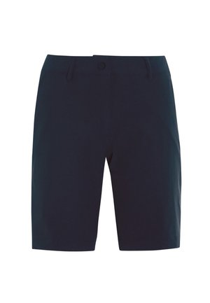 Shorts en coton bleu marine à coupe droite, avec un devant plat et une fermeture à un bouton. Comprend des passants de ceinture et des poches latérales.