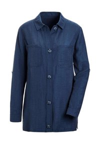 Navyblaues Hemd mit Knöpfen aus strukturiertem Stoff, zwei Brusttaschen und Kragen; hat lange Ärmel und geknöpfte Manschetten.