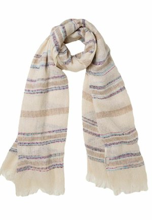 Beige gewebter Schal mit bunten Streifen in Blau, Rosa und Braun. Weiche Textur mit Fransen an den Rändern für Details.