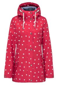 Červená nepromokavá bunda s bílými puntíky, nastavitelnou kapucí, patentkami a bočními kapsami. Hladký, lehký materiál.