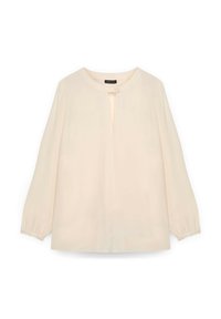 Blusa a maniche lunghe color crema con scollo rotondo, dettaglio a chiave sul davanti e polsini arricciati, realizzata in un tessuto leggero.