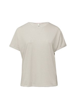 Losse T-shirt met korte mouwen, dunne horizontale beige strepen op een witte achtergrond en een ronde halslijn.