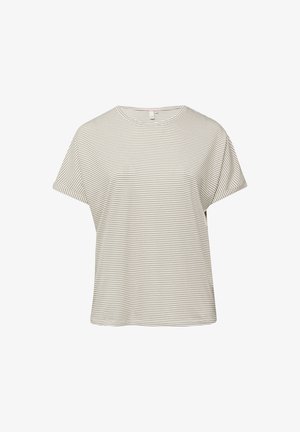 T-shirt ample à manches courtes avec des fines rayures horizontales beige sur fond blanc et un col rond.