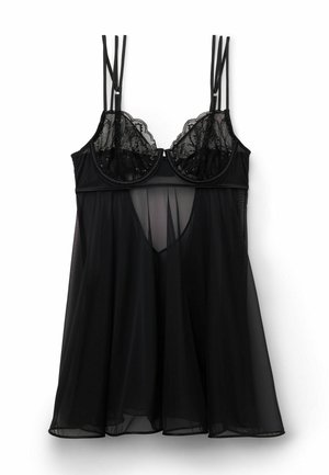 Schwarzes Spitzen- und durchscheinendes Mesh-Chemise mit verstellbaren Trägern und einem ausgestellten Schnitt. Mit einem gewellten Spitzen-Ausschnitt und einem zentralen Ausschnitt.